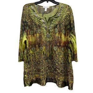 Dressbarn Green embellished Gypsy India print sheer tunic blouse plus sz XXL 2X